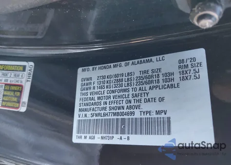 2021 Honda Odyssey Ex-L from USA, damaged, VIN 5FNRL6H77MB004699